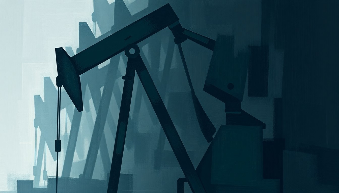 A highly stylized, abstract painting featuring an oil pump jack repeated in overlapping, fractured geometric shapes in shades of blue, green, and grey, conceptually representing the President's controversial comments about seizing Iran's oil resources.