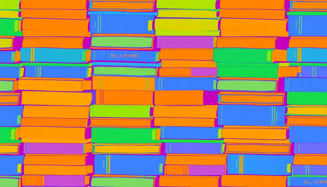 A bold, colorful silkscreen-style illustration featuring a repeating pattern of stacked textbooks in vibrant shades of blue, green, and orange, conceptually representing the transition to new educational leadership in the Dublin school district.