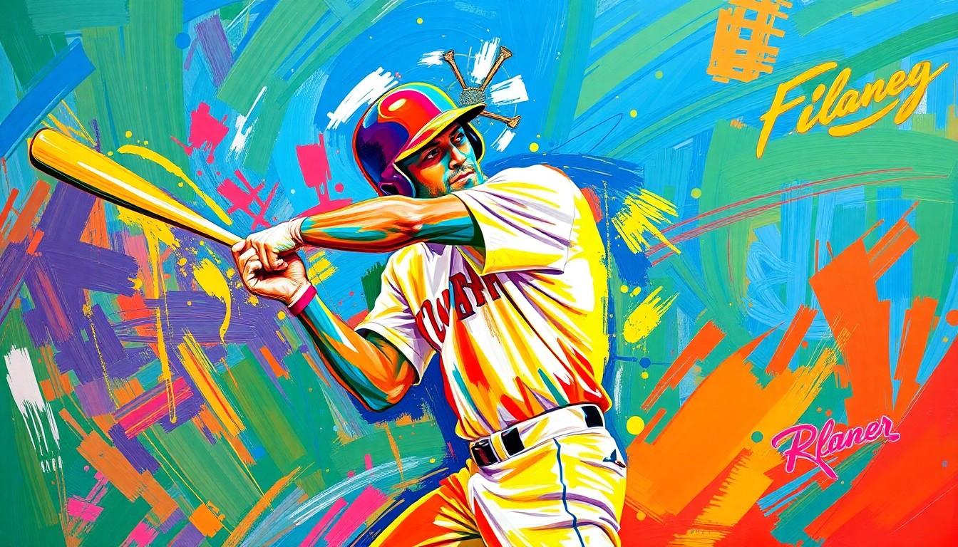 An abstract painting with vibrant neon colors and expressive brushstrokes depicting a baseball player mid-swing, capturing the raw energy and potential of a rising minor league star.
