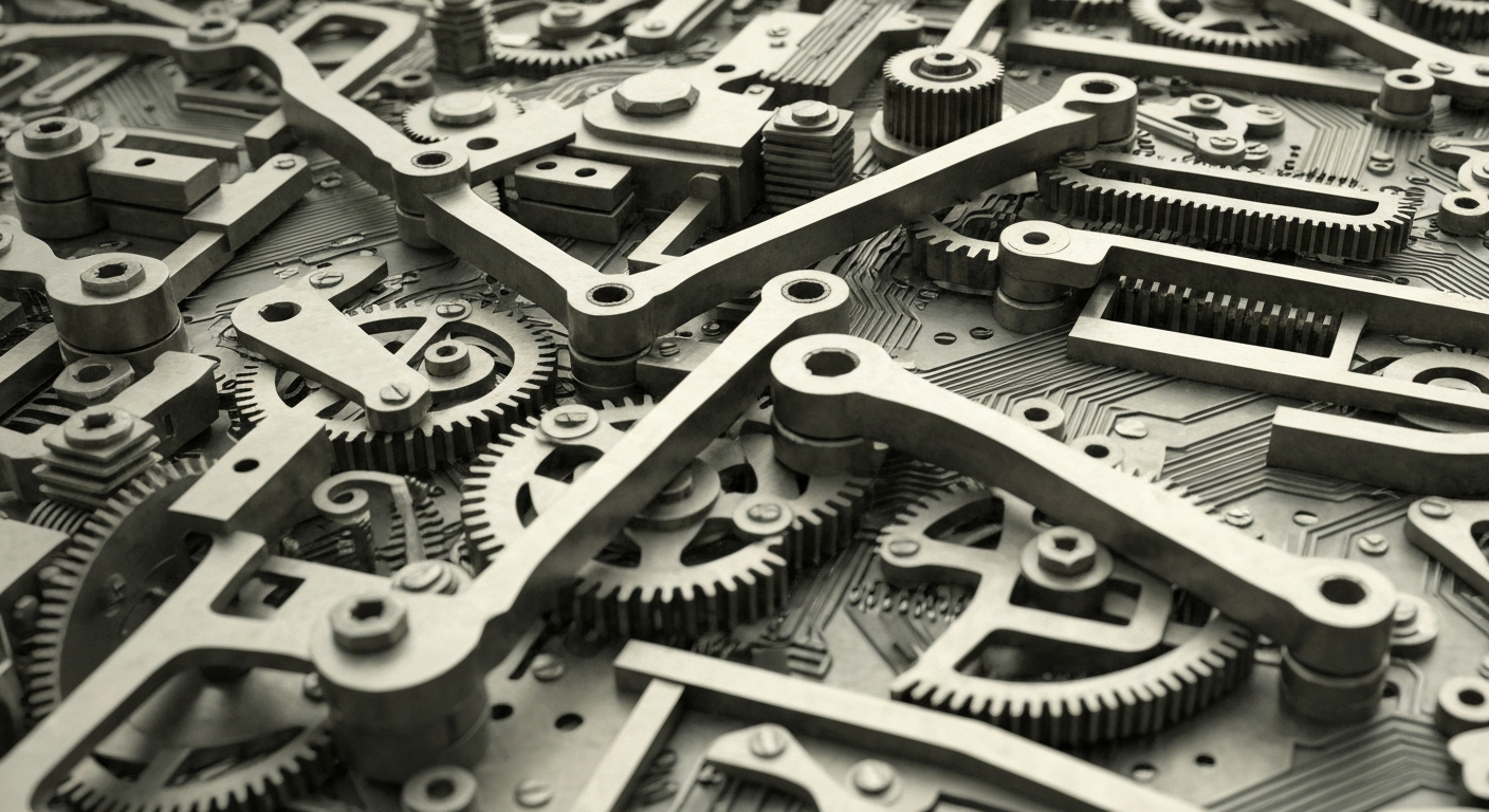 An extreme close-up of complex financial machinery and mechanisms, such as gears, levers, and circuits, in muted metallic tones, conceptually representing the intricate inner workings of the financial system.