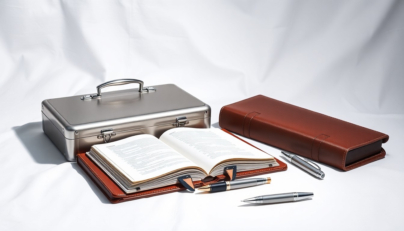 A high-end, photorealistic studio still-life photograph featuring a polished metal briefcase, a leather-bound ledger, and a set of silver fountain pens arranged elegantly on a clean, white seamless background, conceptually representing the precision and professionalism of Menlo's M&A advisory services.
