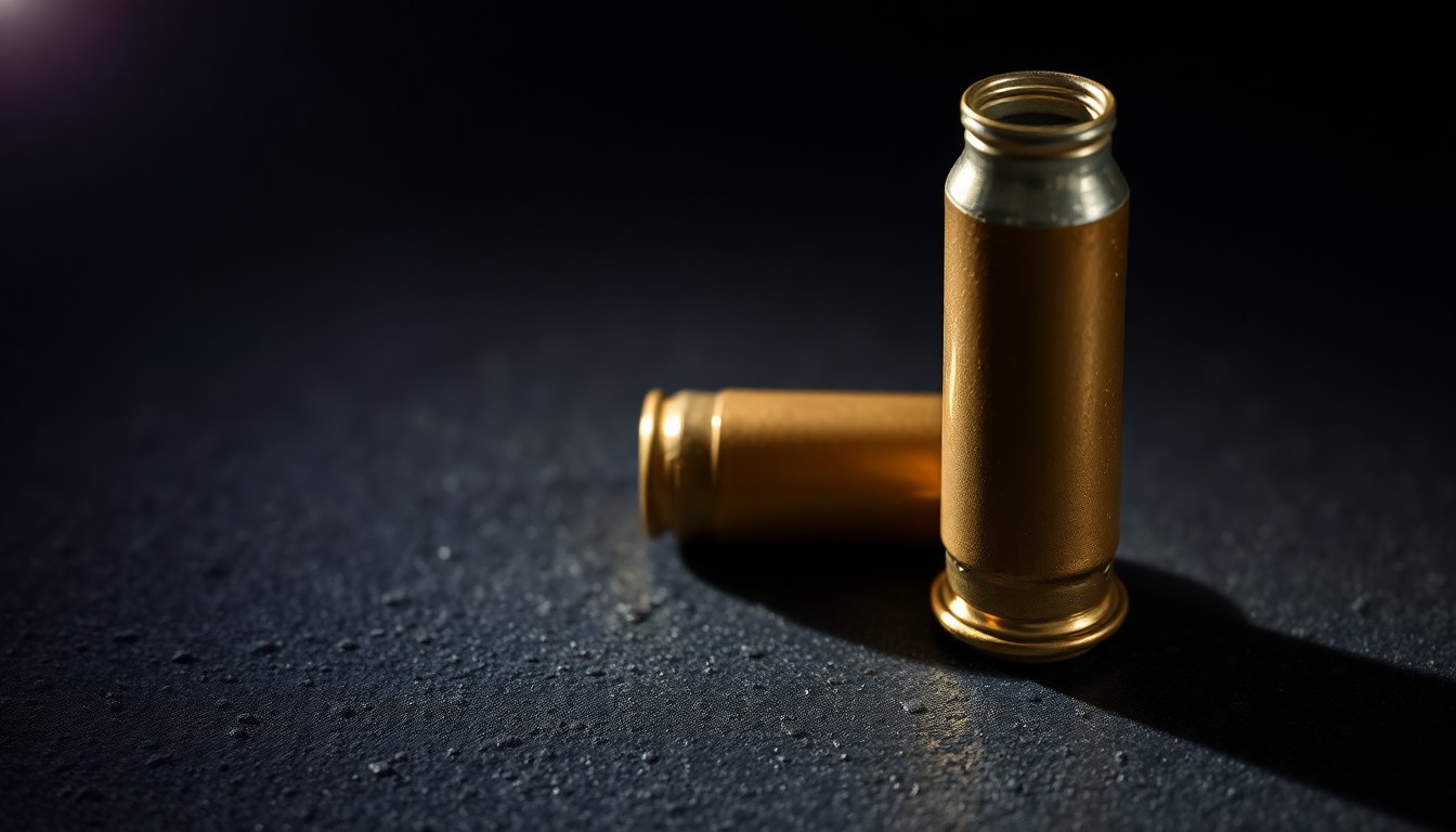 An extreme close-up of a shiny, metallic spent shell casing resting on a dark, gritty surface, conceptually representing the aftermath of a shooting incident.