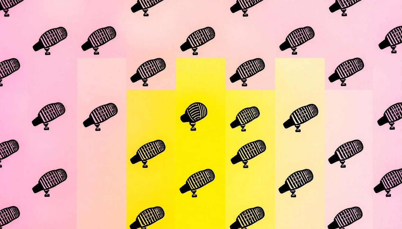 A highly stylized, abstract grid of neon-colored microphone icons, conveying the concept of student public speaking and community engagement.