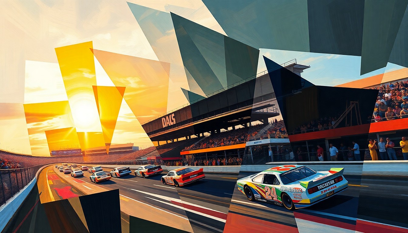 A cubist, geometric painting depicting the chaotic motion and energy of a NASCAR race at a short track, with overlapping planes of color and shape representing the cars, drivers, and spectators.