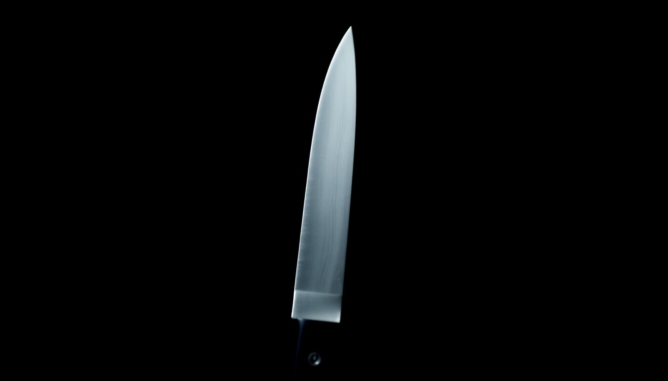 An extreme close-up photograph of a single knife blade against a pitch-black background, lit by a harsh, direct camera flash, conceptually representing the violent weapon used in this crime.
