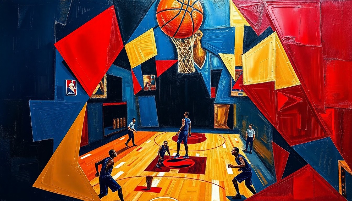 A fragmented, cubist-style painting depicting an NBA basketball game, with the players and court broken down into sharp, overlapping geometric shapes in a rich color palette, conveying the unpredictable nature of professional sports trades.