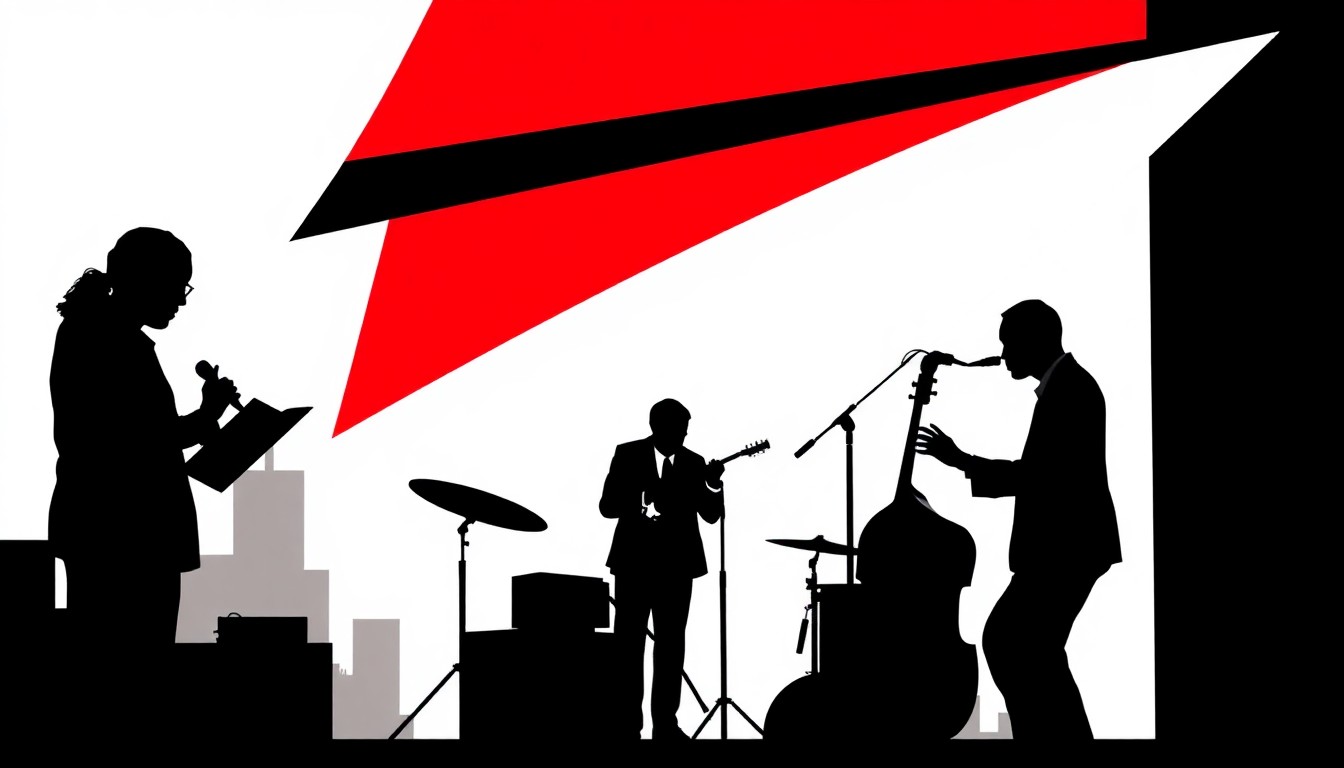 An abstract, minimalist illustration featuring bold, jagged shapes and silhouettes in high-contrast colors, representing the energy and artistic spirit of a poetry and music event in an urban setting.