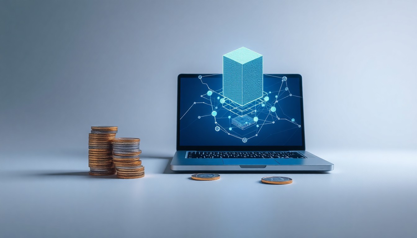 A high-end, photorealistic studio still-life photograph featuring a stack of shiny metallic coins, a sleek laptop, and a holographic display projecting a 3D model of a blockchain network, conceptually representing the intersection of corporate finance, digital asset tokenization, and advanced technology.
