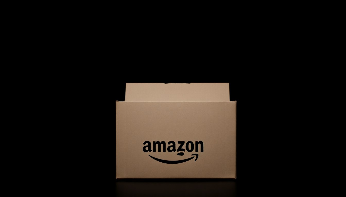 An extreme close-up photograph of a single, opened Amazon package against a pitch-black background, lit by a harsh, direct camera flash, conceptually illustrating the theft and mishandling of customer orders.