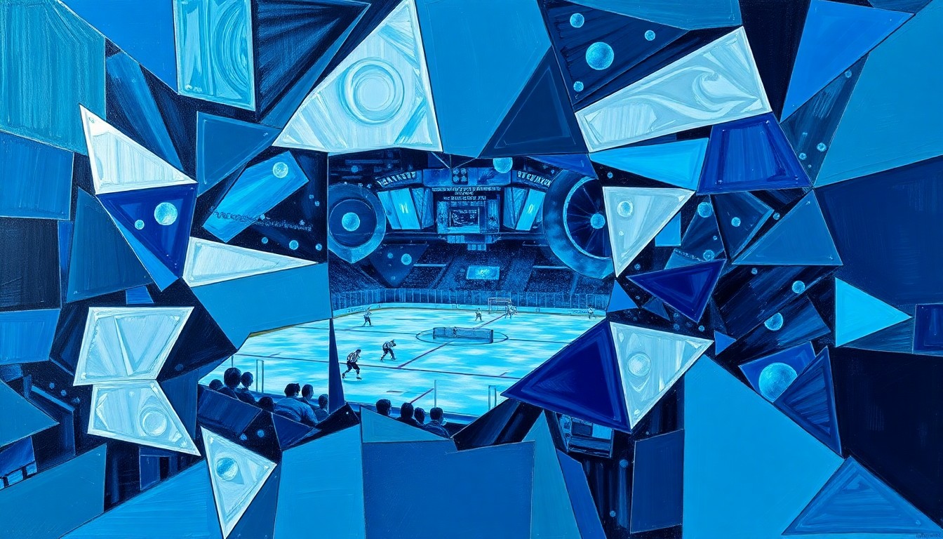 A cubist, geometric painting depicting a fragmented, multi-angled view of a hockey game, with sharp planes of deep blue, teal, and silver representing the dynamic action on the ice.