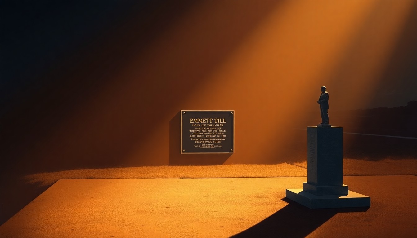 A photorealistic painting of a solitary memorial plaque or statue honoring Emmett Till, with warm sunlight casting deep shadows across the scene, conveying a sense of quiet contemplation and historical significance.