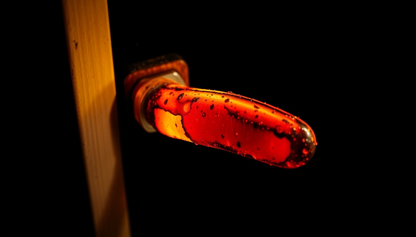 An extreme close-up of a melted, charred door handle reflecting a harsh, bright light, conceptually representing the devastation of a deadly house fire.