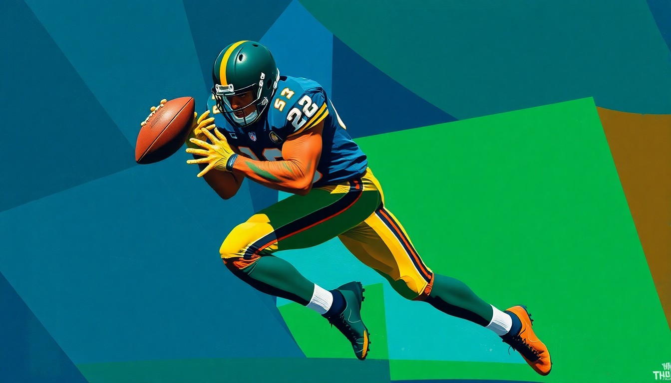A fragmented, geometric painting depicting the motion of a football player making a defensive play, with sharp planes of navy, green, and orange colors creating an abstract, deconstructed visual.