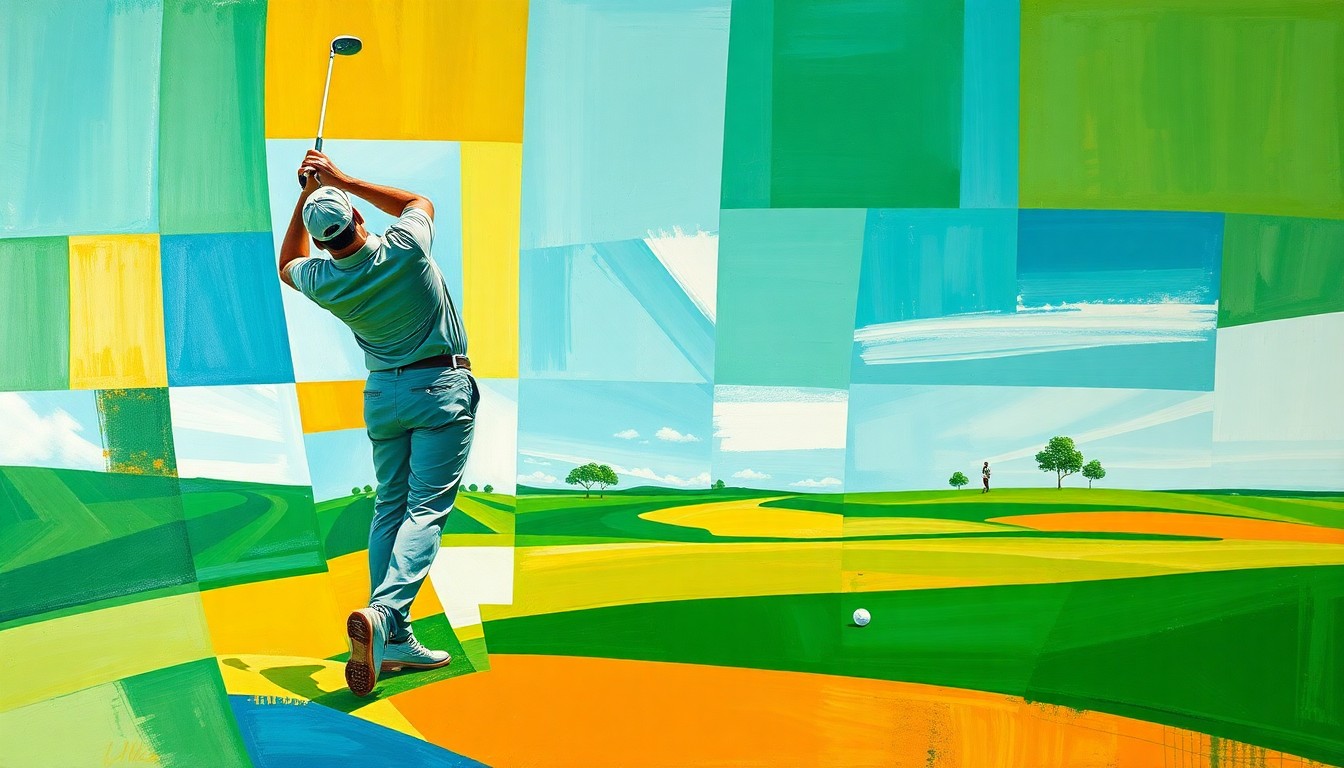 A fractured, multi-perspective painting depicting a golfer's swing broken down into sharp, overlapping geometric planes in a vibrant color palette of emerald green, sky blue, and warm ochre, conceptually representing the technical mastery and creative flair of a rising star in the sport.
