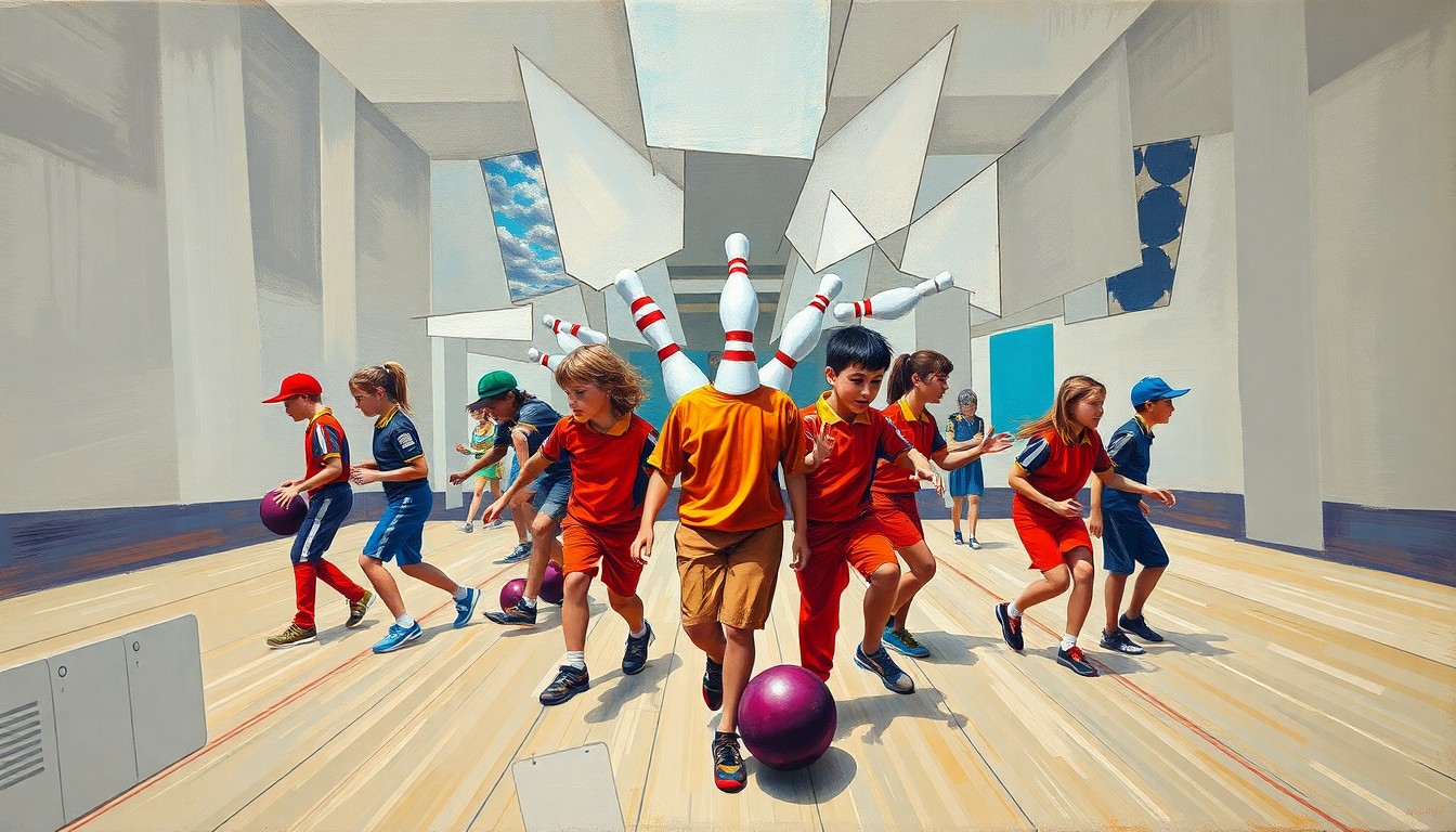 A cubist, geometric painting depicting a high school bowling match, with the players and equipment fragmented into overlapping planes of vibrant color against a muted background.
