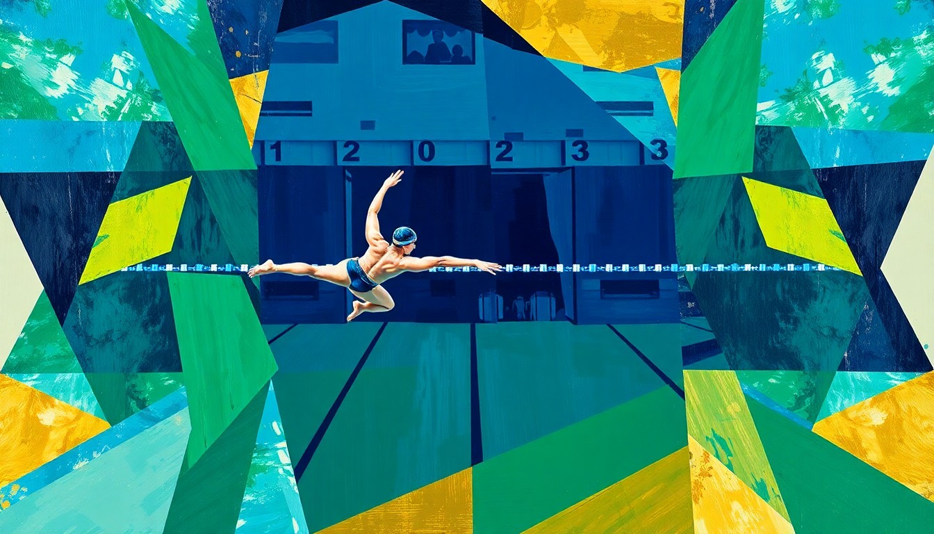 A cubist, geometric painting depicting a women's swimming and diving competition, with overlapping planes of navy blue, emerald green, and gold, conveying the dynamic energy and skill of the athletes.