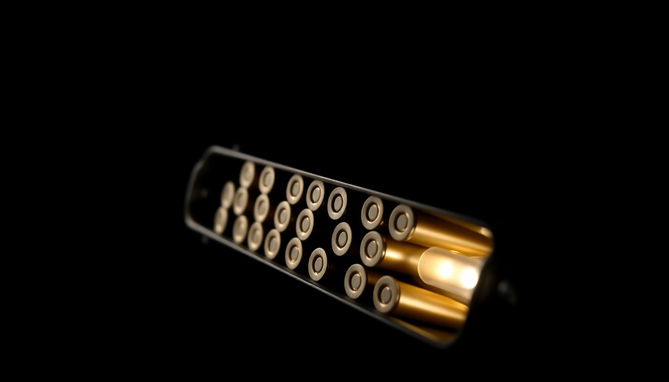 An extreme close-up photograph of a handgun magazine loaded with ammunition, lit by a harsh, direct camera flash against a pitch-black background, conveying the serious, investigative nature of this crime.