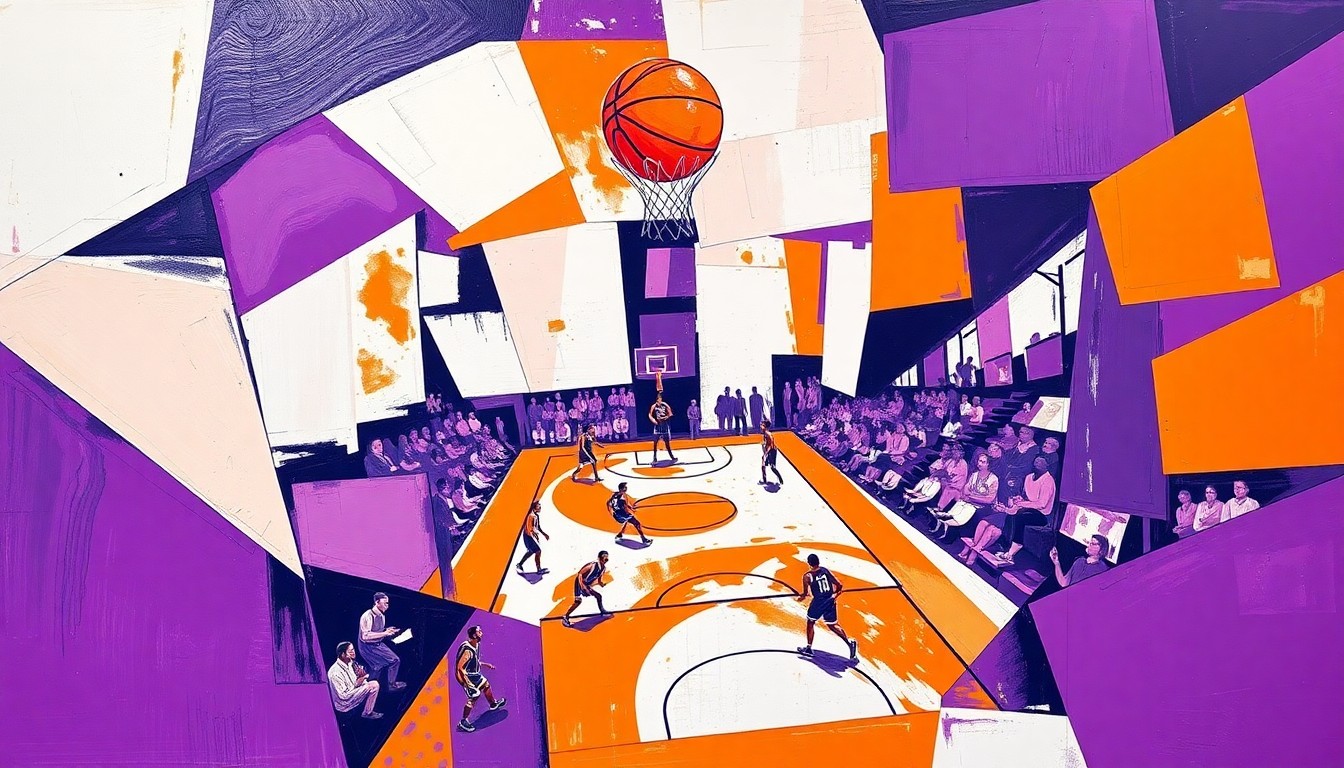 A fragmented, geometric painting depicting the dynamic motion and physicality of a basketball player in action, with sharp planes of purple, white, and orange colors.