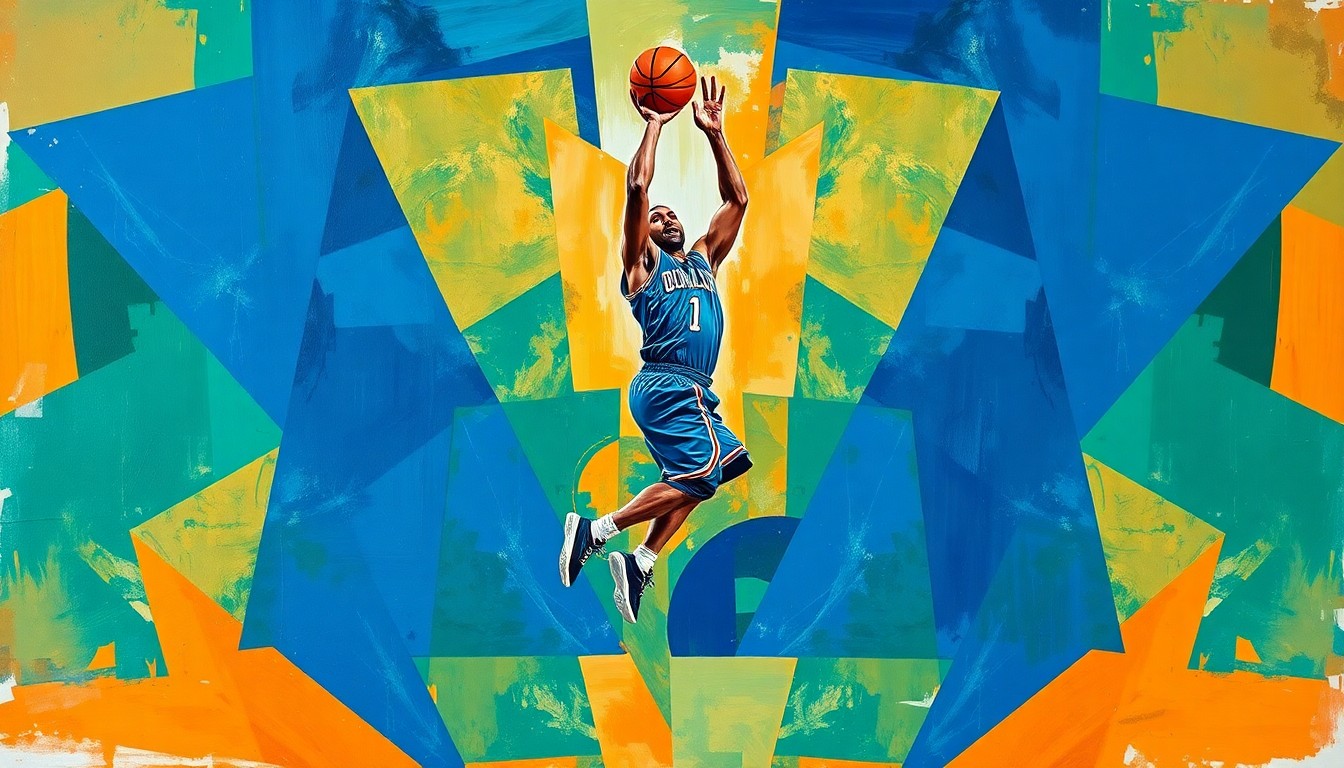 A fragmented, geometric painting depicting a basketball player in motion, with sharp planes of blue, green, and orange intersecting to create a dynamic, abstract composition.