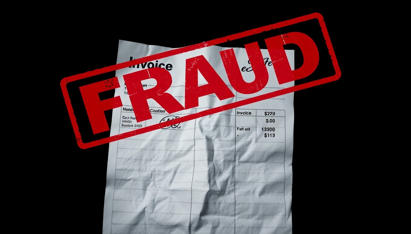 An extreme close-up of a crumpled, official-looking invoice with a red 'FRAUD' stamp, conceptually illustrating the deceptive nature of a phishing scam targeting homeowners with fake permit fee requests.