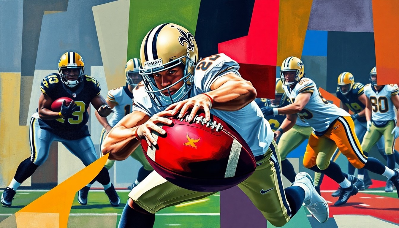 A fragmented, geometric painting depicting a cornerback making a play on the football, with the vibrant colors of the Saints' uniforms and the ball itself.