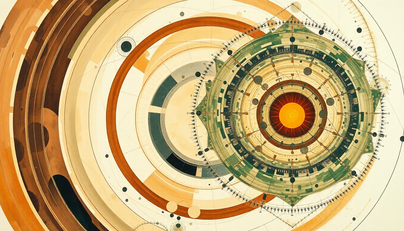 An abstract, highly structured painting in soft, earthy tones of brown, green, and blue, featuring sweeping geometric arcs, concentric planetary circles, and precise botanical spirals, conveying the structural order of the universe without using any text or symbols.