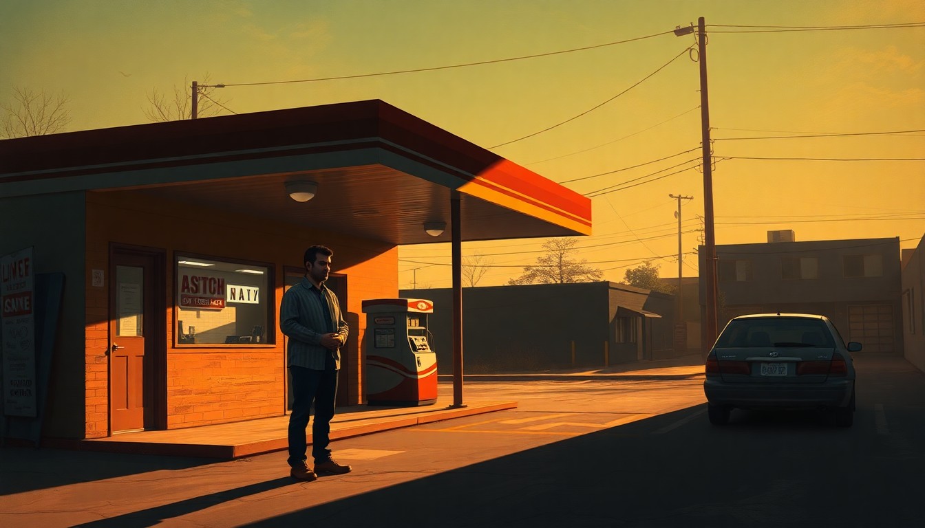 A cinematic painting of a solitary figure standing outside a gas station, the scene bathed in warm sunlight and deep shadows, conceptually representing the personal impact of geopolitical tensions on an Iranian-American business owner.