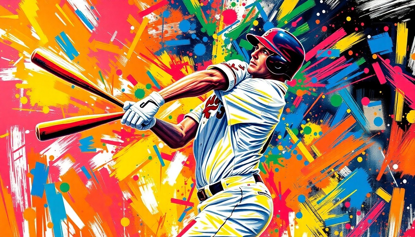 An extreme close-up of a baseball player's powerful swing, with vibrant neon-colored paint strokes capturing the raw energy and motion of the moment.