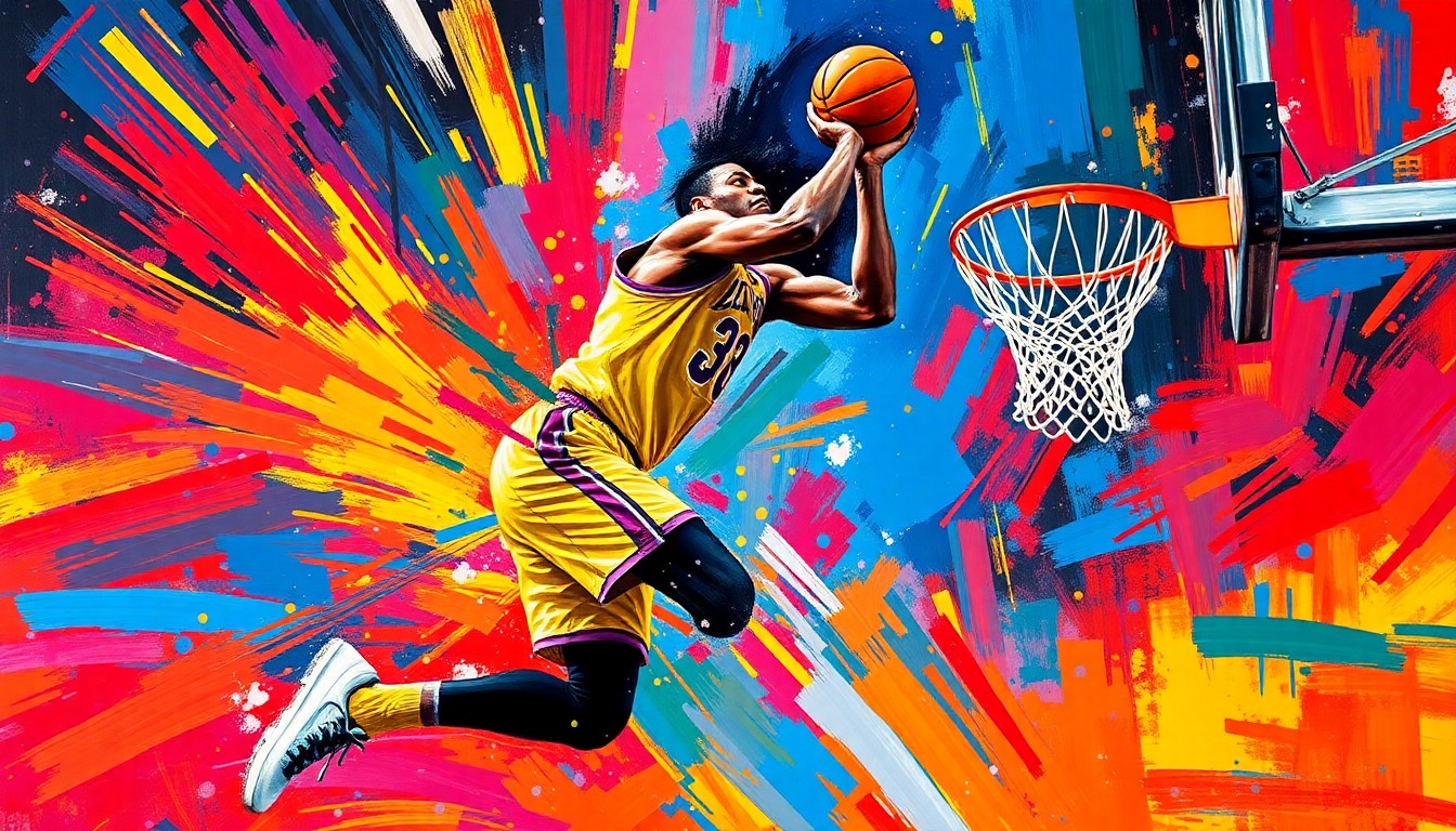 An abstract, energetic painting featuring bold, neon-colored brushstrokes that capture the dynamic motion of a basketball player in mid-drive.