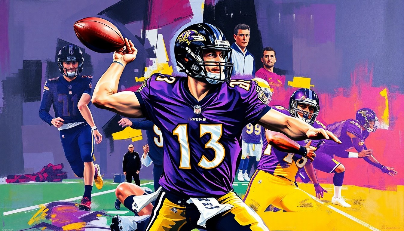 A cubist, geometric painting depicting a football quarterback's throwing motion broken down into sharp, overlapping planes of color in the Ravens' official team palette.