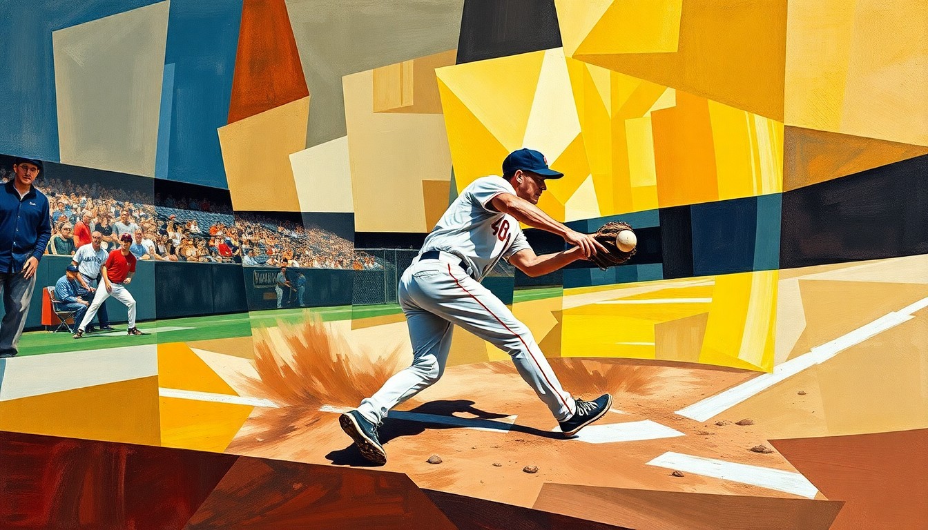 A fragmented, geometric painting depicting a baseball player making a play at shortstop, the figure broken down into sharp, overlapping planes of color and shape.