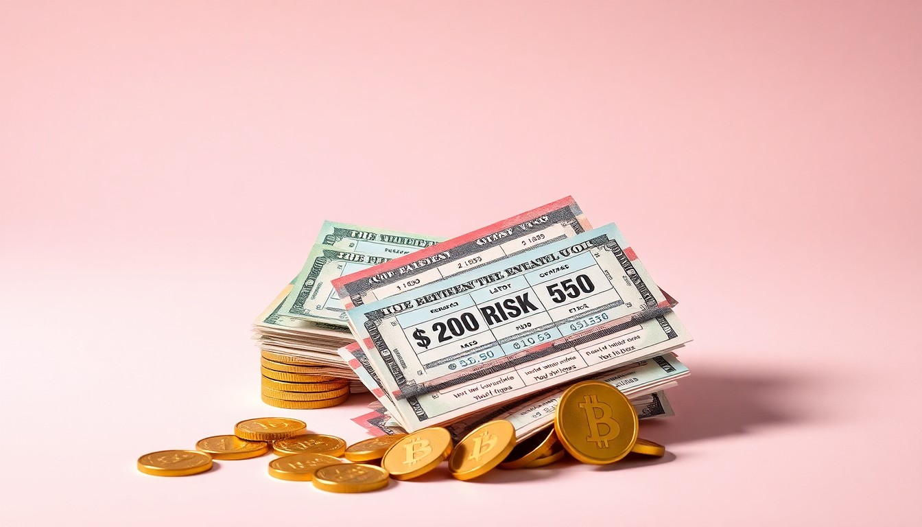 A high-end, photorealistic studio still-life featuring a stack of lottery tickets in various colors and denominations, along with a few gold coins, all arranged elegantly on a clean, monochromatic background, conceptually representing the abstract ideas of risk, reward, and the allure of hitting the jackpot.
