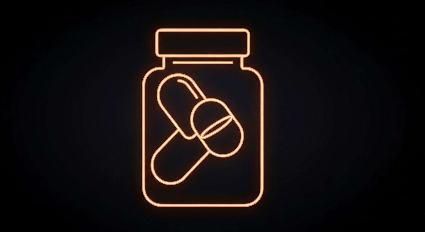A minimalist neon outline of a medicine bottle or pill capsule against a dark background, highlighting the shape and energy of the health-related object without any text or other visual elements.