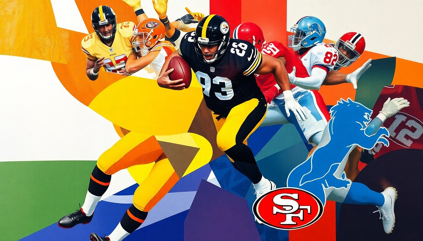 A fragmented, cubist-style painting depicting the chaotic motion and colliding forces of a football pass rush, with sharp geometric shapes and planes in the team colors of the Steelers, Chiefs, Lions, and 49ers.