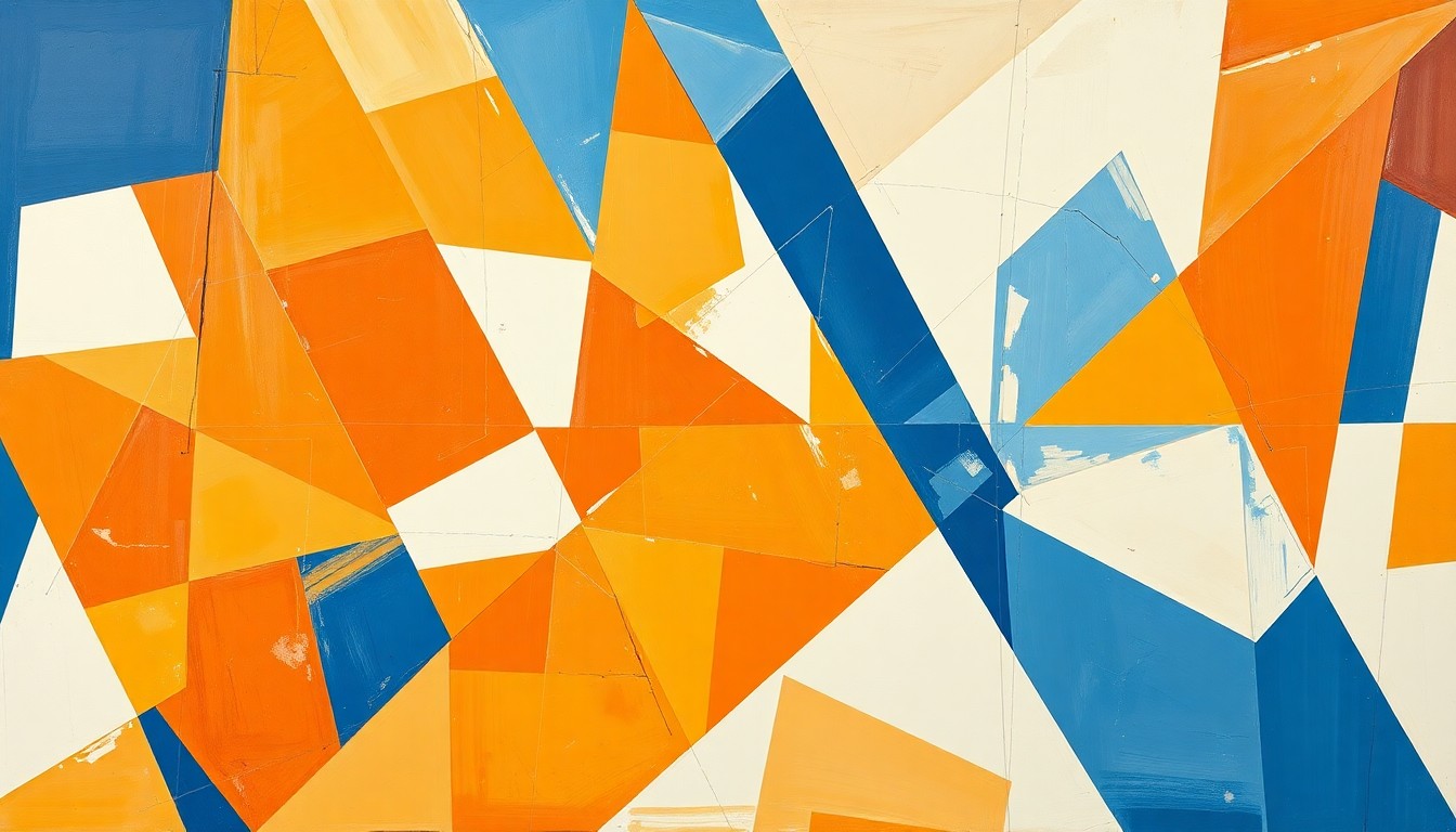 A cubist-style painting featuring overlapping geometric shapes and planes in shades of orange, blue, and white, conceptually representing the dynamic energy and shifting perspectives of a basketball game.