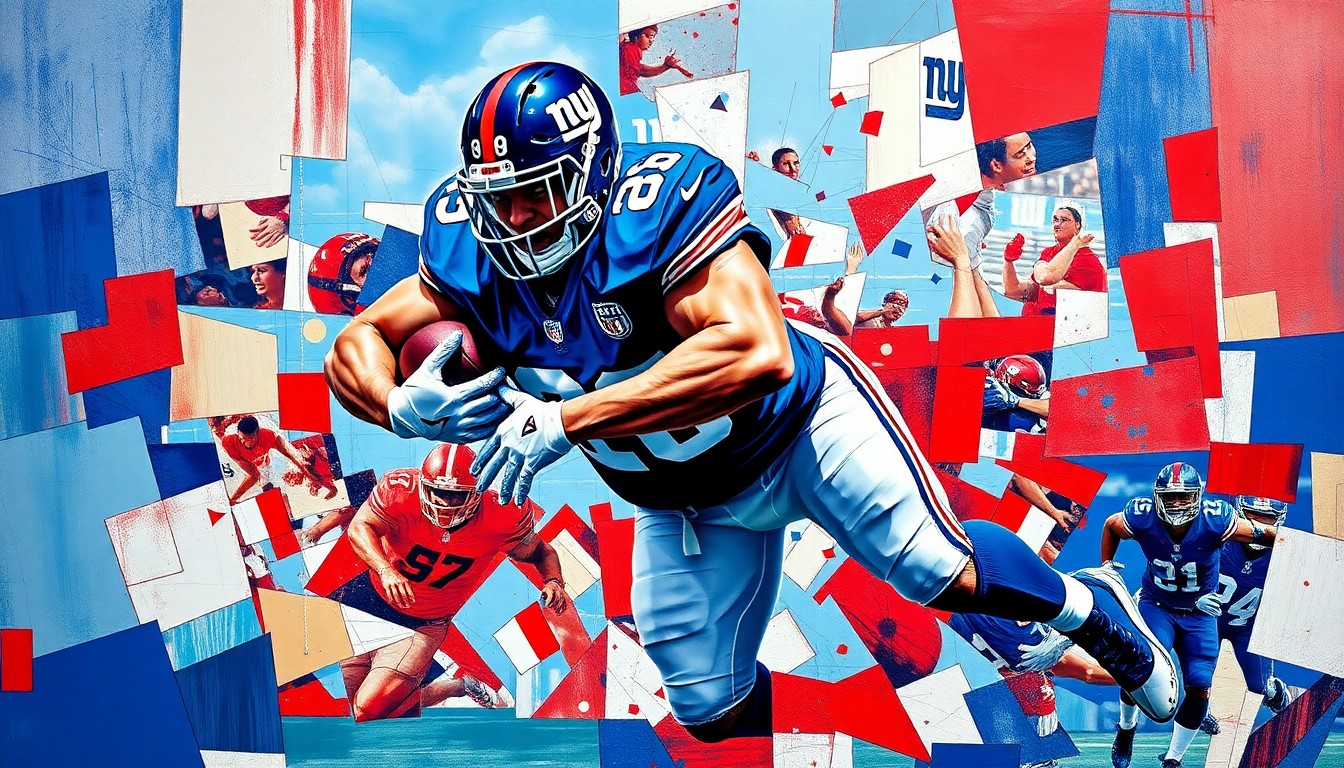 A cubist-style painting depicting a defensive tackle making a powerful tackle, with the player's body broken down into sharp, overlapping geometric shapes in the Giants' team colors.