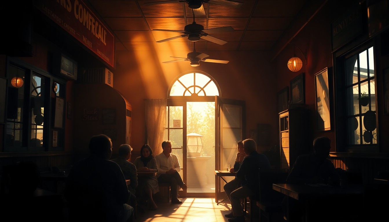 A cozy, dimly lit interior space with a group of people seated around a table, engaged in discussion, the scene bathed in warm, cinematic lighting that creates a sense of quiet contemplation and civic purpose.