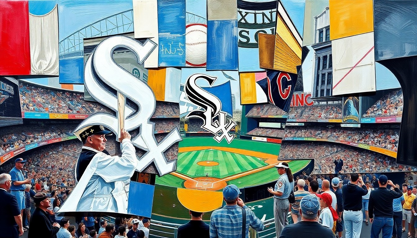 An abstract, cubist painting featuring fragmented geometric shapes and planes in the White Sox's black and white colors, along with the iconic Pope's mitre headdress, all deconstructed into an energetic, multi-perspective composition.