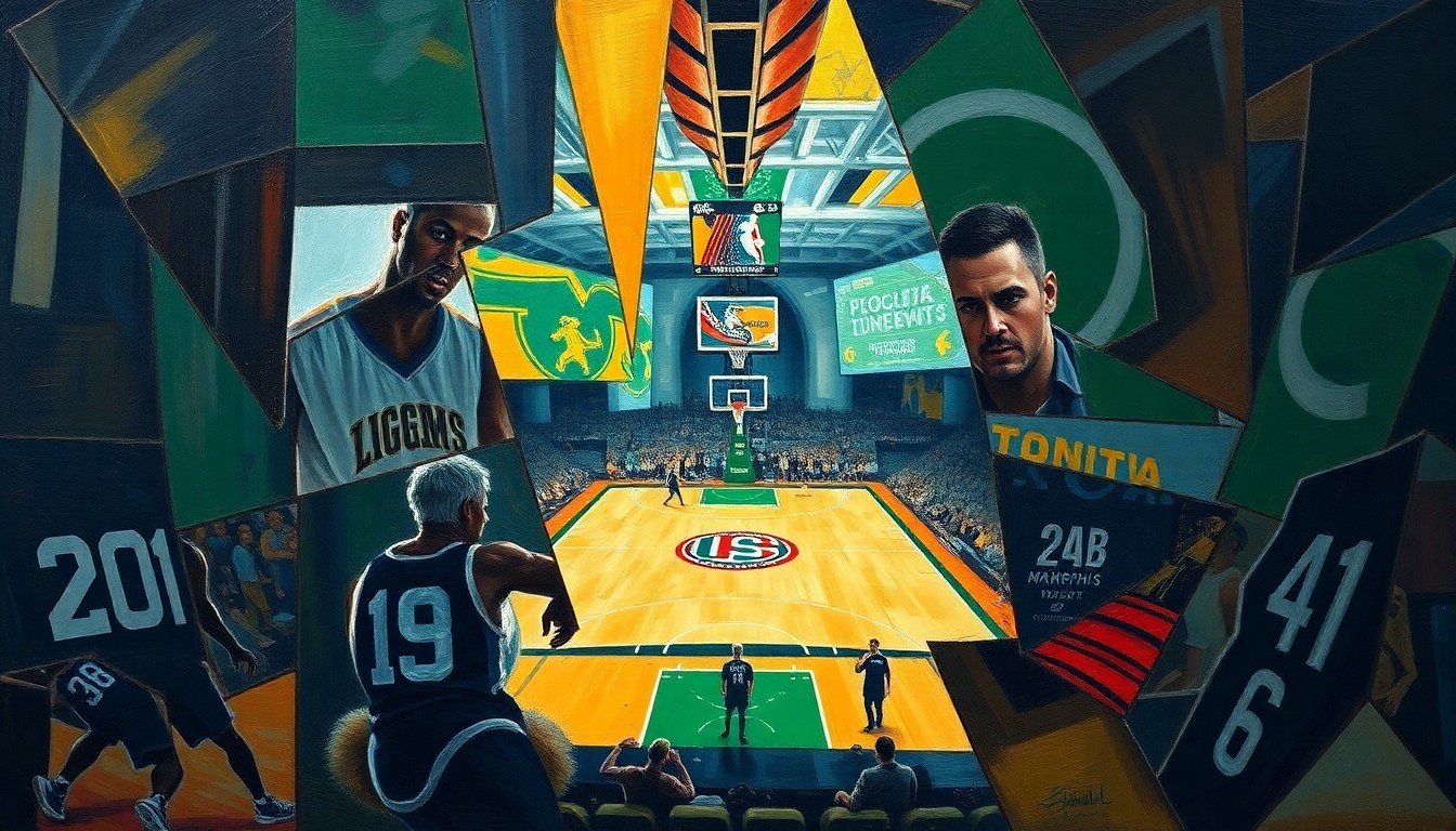 A cubist, geometric painting depicting a basketball game, with overlapping planes of color and shape representing the players, ball, and court action.
