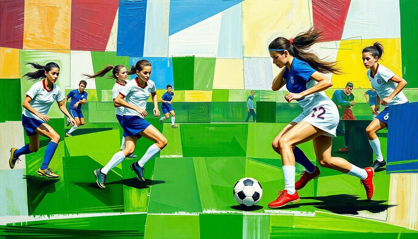 A fractured, geometric painting depicting the abstract shapes and angles of a girls varsity soccer match, with players and the ball represented as overlapping planes of color.