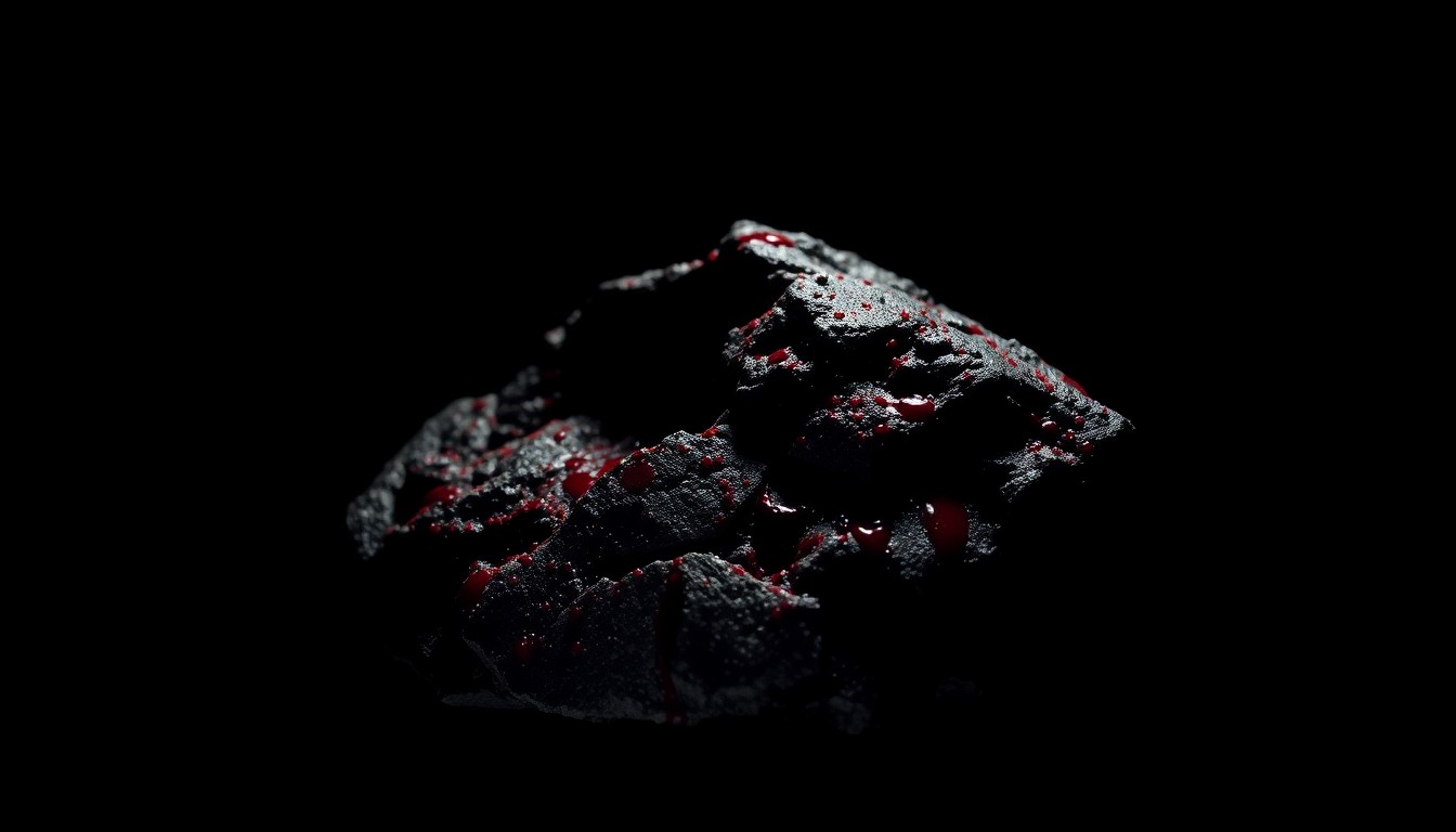 An extreme close-up photograph of a rock covered in dried blood, creating a stark, gritty, investigative aesthetic that conceptually represents the violent nature of the alleged crime.