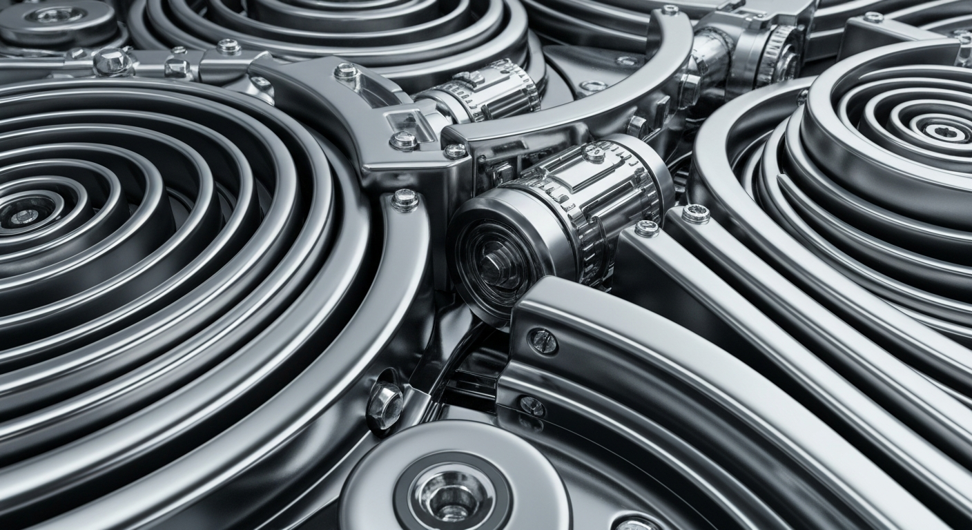 An extreme close-up of gleaming, complex banking machinery and mechanisms, conceptually representing the secure, industrial backbone of online-only financial institutions.