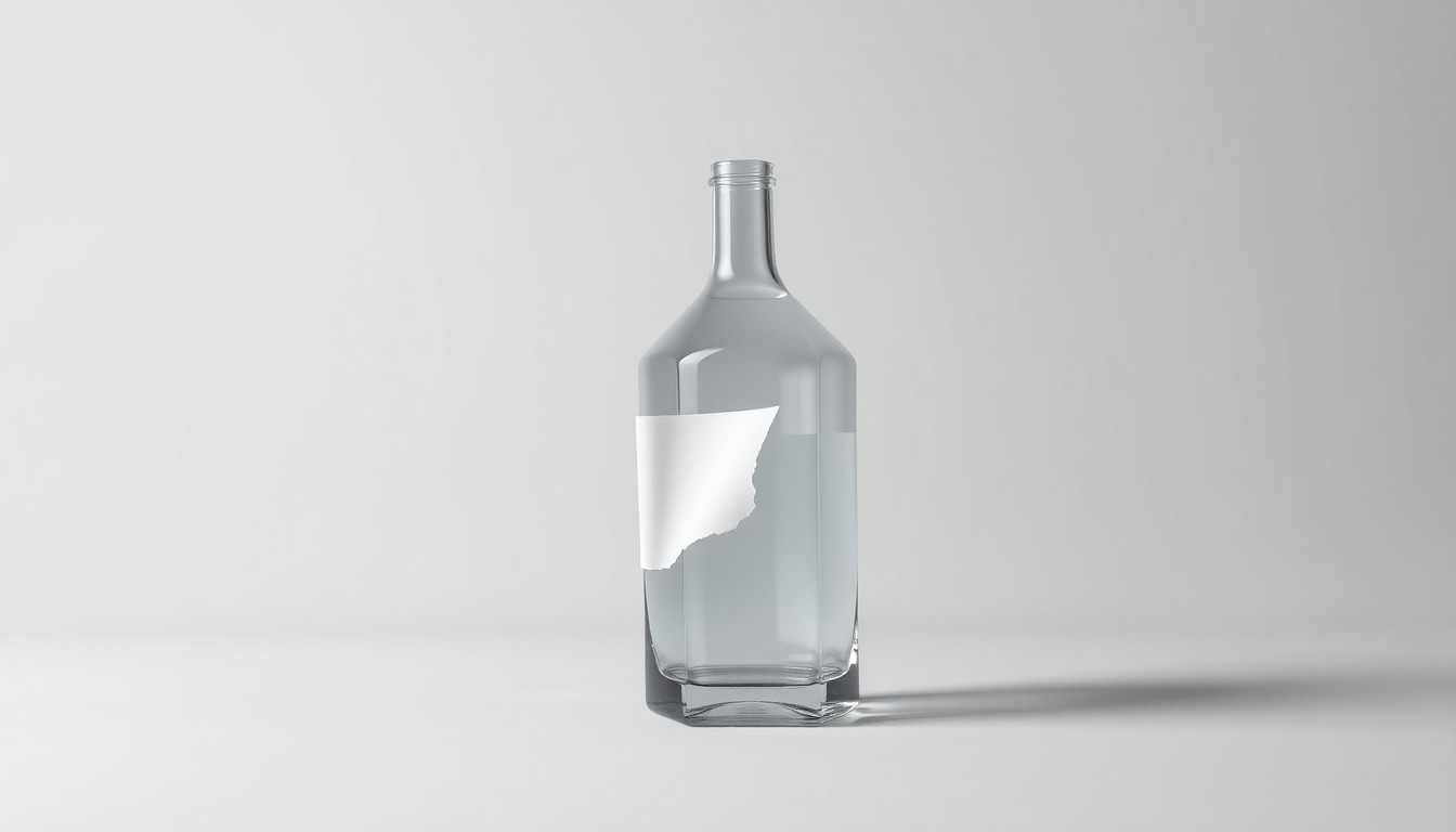 A photorealistic studio still life featuring a polished, geometric glass bottle with a partially peeled label, set against a clean, monochromatic background and using dramatic lighting to convey the abstract concept of corporate accountability.