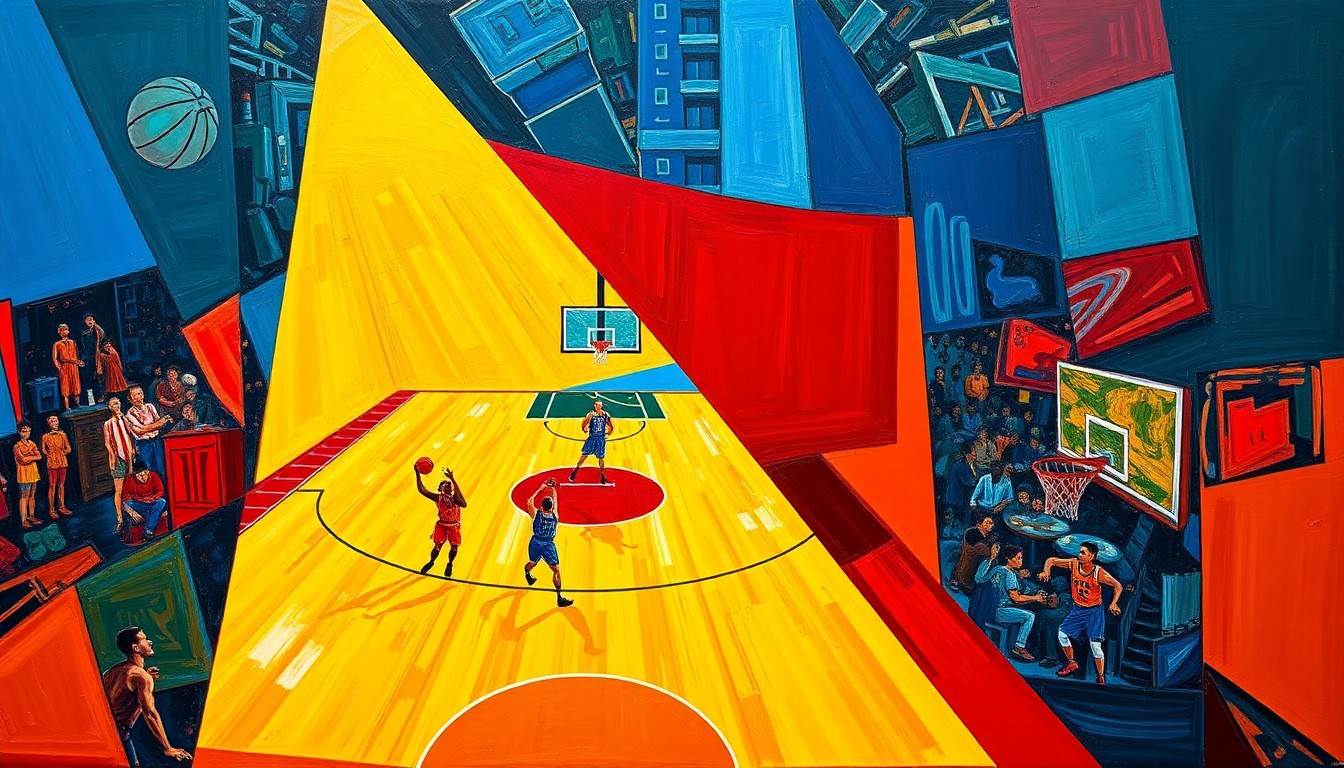 A cubist-style painting depicting a basketball game or match, with the players and court broken down into sharp, overlapping geometric shapes in a vibrant color palette, conveying the energy and dynamism of the sport.