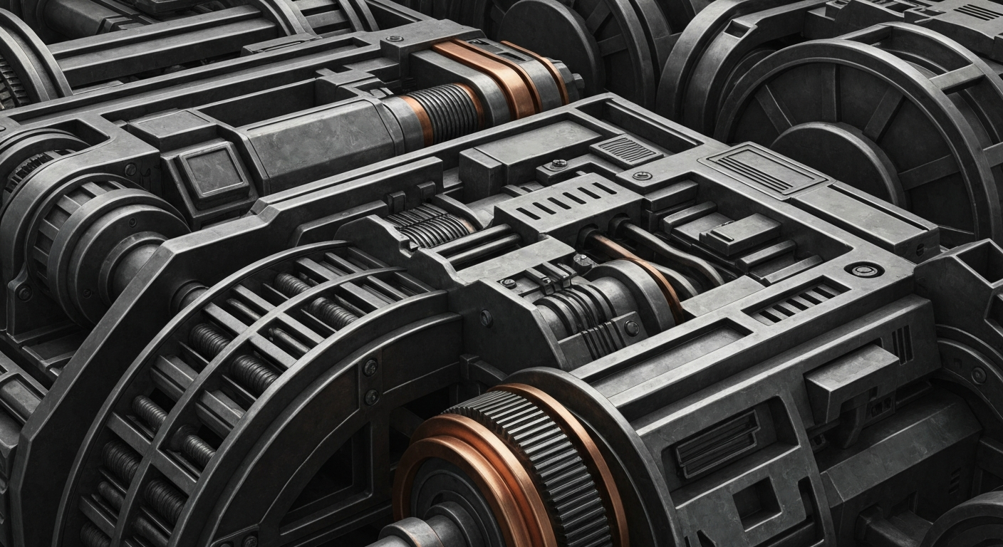 An extreme close-up of the gears, valves, and metal components of an industrial banking machine, conveying the complex financial infrastructure behind Vistra's debt refinancing.
