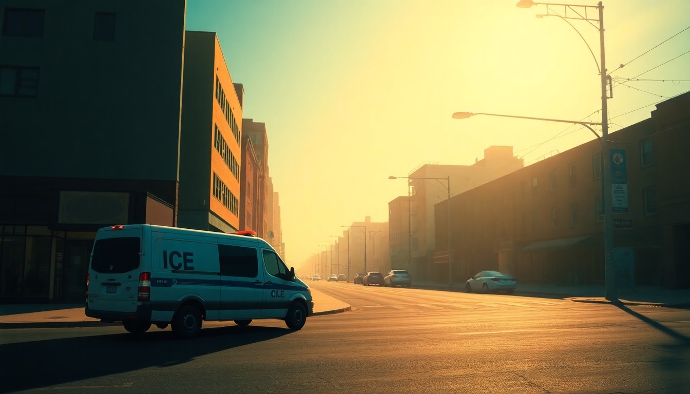 A photorealistic painting of an ICE enforcement vehicle parked alone on a quiet urban street, the warm sunlight casting deep shadows across the scene and creating a sense of solitude and tension.