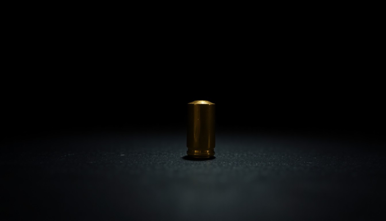 An extreme close-up photograph of a single bullet casing on a dark surface, lit by a harsh, direct camera flash, conceptually representing the physical evidence from a violent crime.