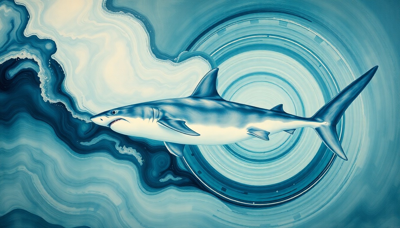 A highly structured abstract painting in soft, earthy tones of blue, green, and gray, featuring sweeping geometric arcs, concentric circles, and precise botanical spirals that evoke the powerful yet graceful movements of a great white shark swimming through the ocean.