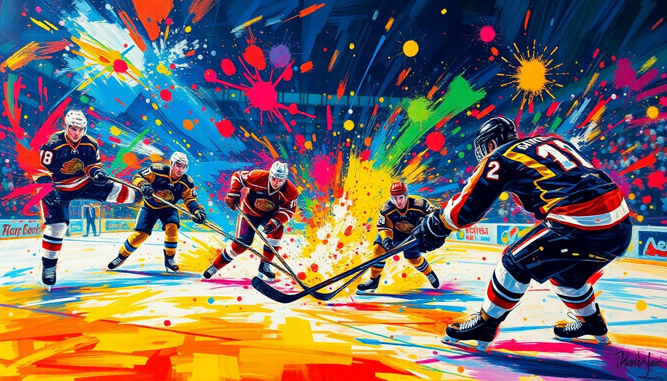 An abstract, energetic painting in neon colors depicting the chaotic action of a hockey game, with players' forms breaking down into expressive brushstrokes.