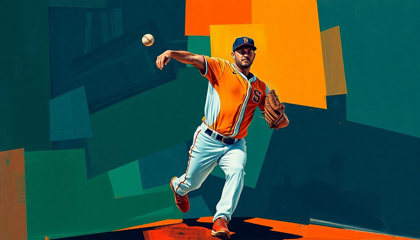 A cubist, geometric painting depicting a baseball pitcher's delivery broken down into overlapping planes of navy, green, and orange, conceptually representing the Tigers' early-season woes.